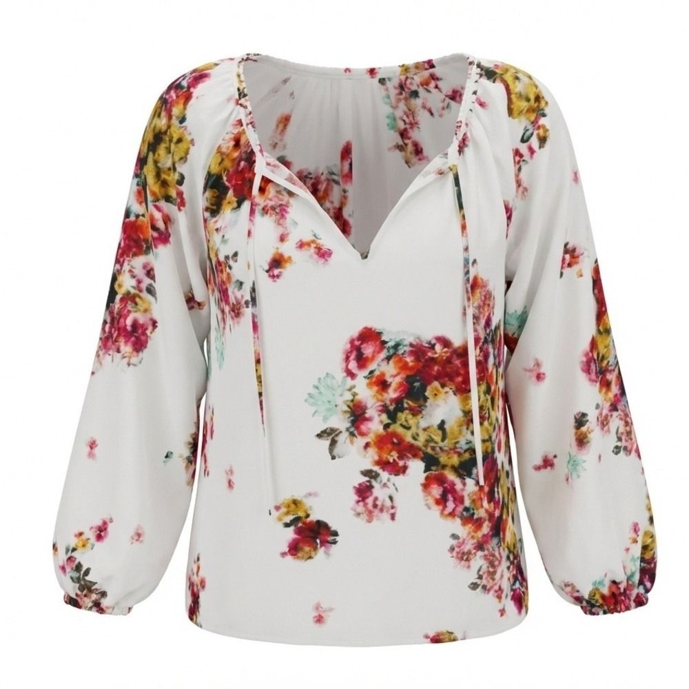 Vintage Collection Floral Peasant Blouse White Cotton Boho Tie Neck M Oversized‎